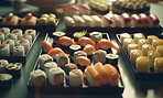 Food, cooking and fine dining with sushi in restaurant for health, hospitality and nutrition. Menu, seafood diet and ai generated with closeup of Japanese cuisine for dinner, kitchen and retail