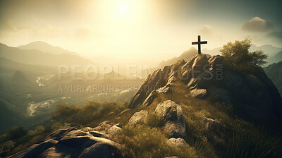 Christian cross, mountain and cliff in sunrise, landscape or nature for the resurrection of Jesus on hill outdoors. AI generated crucifixion of holy, religion or god symbol for worship in day light