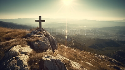 Christian cross, mountain and horizon of sunrise, landscape or nature for the resurrection of Jesus on cliff outdoors. AI generated crucifixion of holy, religion or god symbol for worship in day light