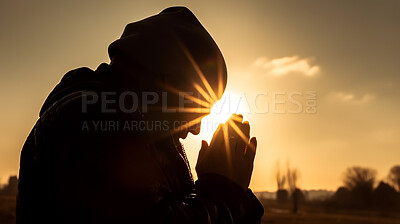 Woman, praying and hands at sunrise for religion, faith and spiritual worship for Catholic God. Ai generated, sunset and person by mockup space with prayer hands for hope, Christian and thank you