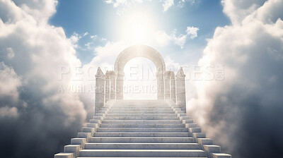 Stairs, steps and way to heaven for religion, faith and God in spiritual passage, architecture and blue sky paradise. Ai generated, staircase and sunlight step for Catholic and Christian afterlife