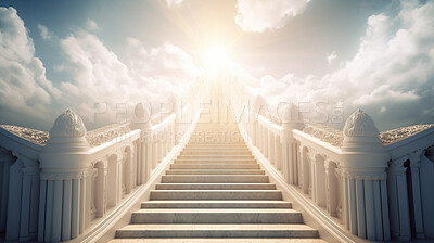 Staircase, steps and way to heaven for religion, faith and God in spiritual passage, architecture and blue sky paradise. Ai generated, stairs and sunlight step for Catholic and Christian afterlife