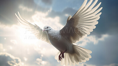 Closeup, dove and flying bird for heaven, peace and calm in faith, religion and spiritual God on blue sky background. Ai generated, birds and animal for hope, Christian and holy Catholic symbol