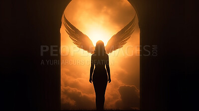 Person, silhouette and angel with wings in heaven for religion, faith and spiritual God for passage, way and entrance. Ai generated, woman and light flare for Catholic, Christian and golden gates