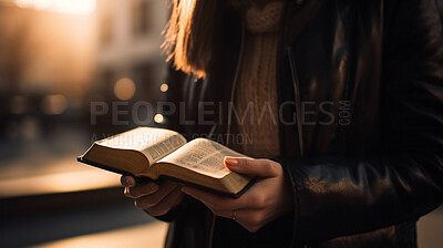 Closeup, hands and reading bible for church in learning, education and spiritual studying for faith, religion and Christian God. Ai generated, books and person for prayer and Catholic chapel book