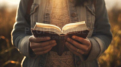 Closeup, hands and reading bible book for church in learning, education and spiritual studying for faith, religion and Christian God. Ai generated, books and person for prayer and Catholic chapel