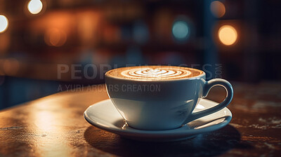 Closeup, flat white or drink on coffee shop, cafe and restaurant table for weekend, break or rest with winter hot drink. Ai generated, cup or mug with warm liquid, beverage and espresso drinks mockup