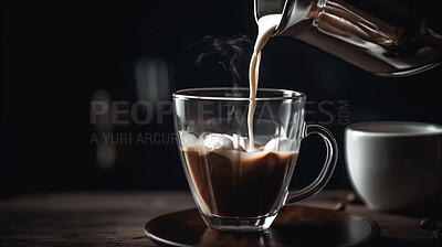 Closeup, pouring and black coffee on cafe table and restaurant countertop for weekend, break and rest with winter hot drink. Ai generated, cup and mug with warm liquid, beverage and americano drinks