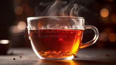 Closeup, steaming and tea in coffee shop, cafe and restaurant for weekend, break and rest with winter hot drink. Ai generated, cup and mug with warm liquid, beverage and organic drink mock up