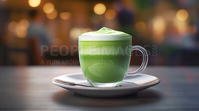 Closeup, matcha and tea in coffee shop, cafe and restaurant for weekend, break and rest with winter hot drink. Ai generated, cup and mug with warm liquid, green beverage and organic drink mock up