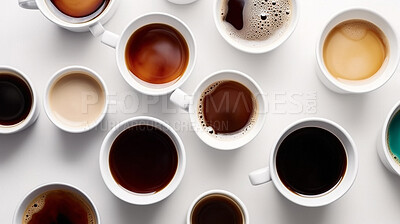 Top view, espresso and coffee cups group in cafe and restaurant for weekend, break and rest with winter hot drink. Ai generated, cup and above mug with warm liquid and beverage for morning routine