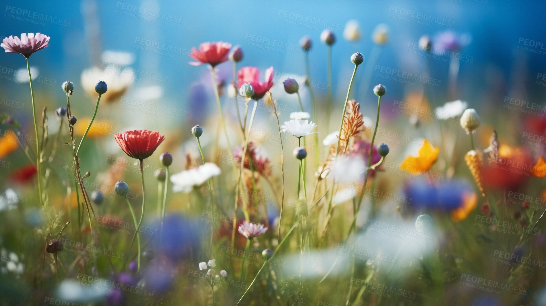 Buy stock photo Meadow, spring and field of flowers in nature for environment, sustainability and growth. Floral, closeup and blossom with summer plants in countryside for ai generated, paradise and scenery