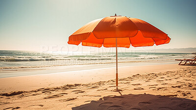 Sunset, shadow and travel with umbrella at beach for relaxing, summer trip and vacation. Holiday, shade and calm with parasol in sand on coastline for tourism, ai generated or adventure