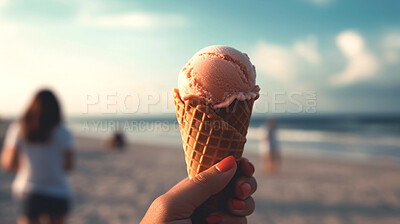 Ice cream, dessert and hand of person at beach for food, wellness and diet. Ai generated, gelato and confectionery with closeup of sorbet on coastline for eating, health and summer snack