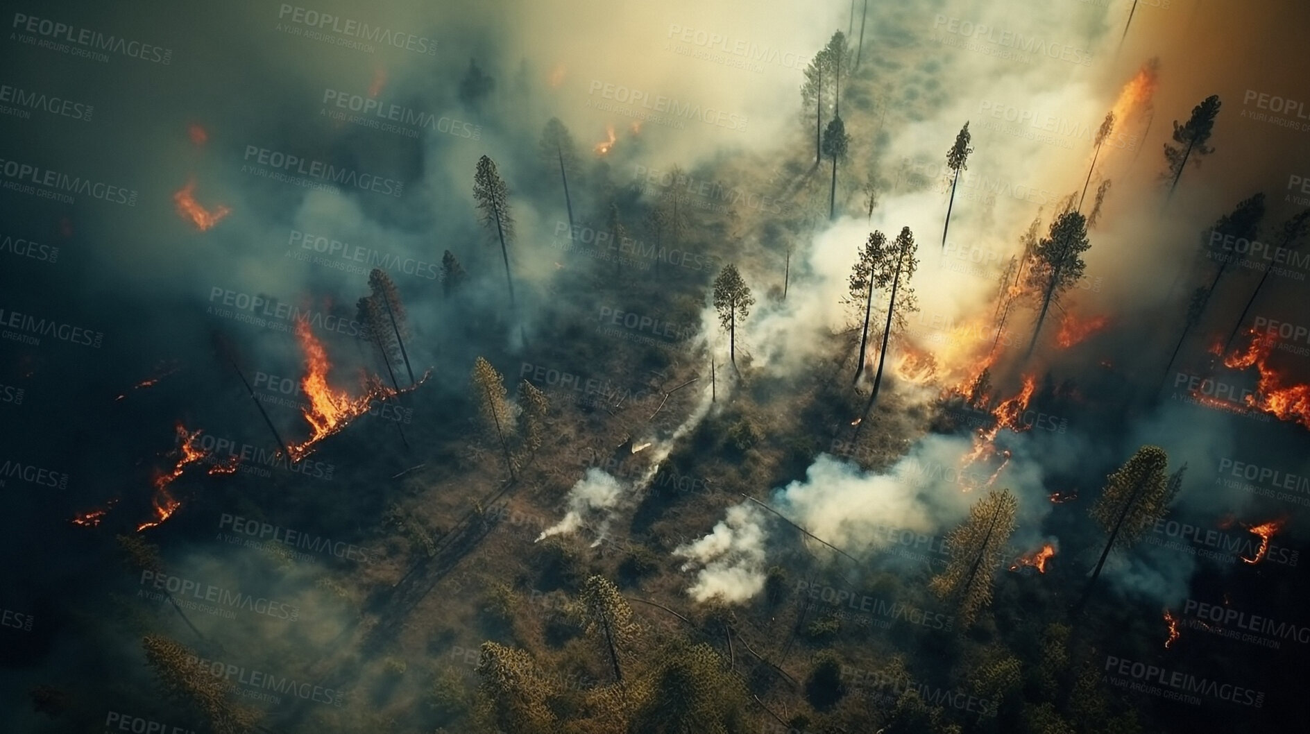 Buy stock photo Drone, fire and smoke with forest in nature for deforestation, climate change and ecology. Ai generated, plants and timber with landscape of woods flame for earth, disaster and wildfire pollution