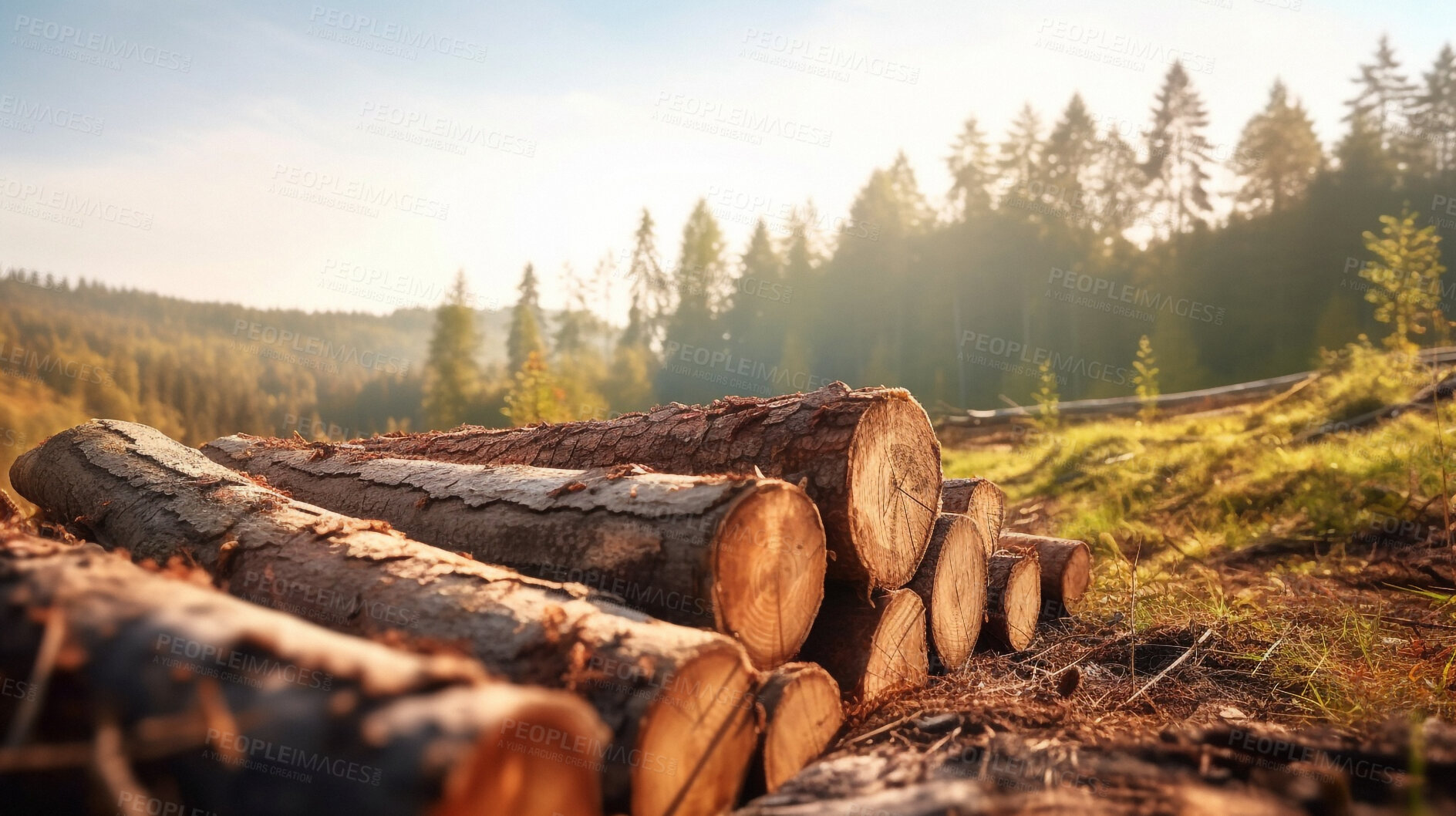 Buy stock photo Harvest, forest and deforestation with logs of wood for fossil fuel, climate change and cutting. Eco, energy and ai generated with woodpile in nature for raw product, plant and sustainability