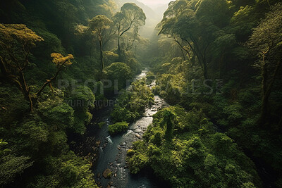 Environment, landscape and river with trees in forest for nature, sustainability and flora. Peace, ai generated and aerial view with water stream in countryside for foliage, paradise and wilderness