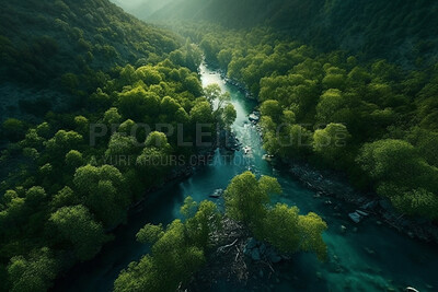 Nature, landscape and river with trees in forest for environment, sustainability and flora. Peace, ai generated and aerial view with water stream in countryside for foliage, paradise and wilderness