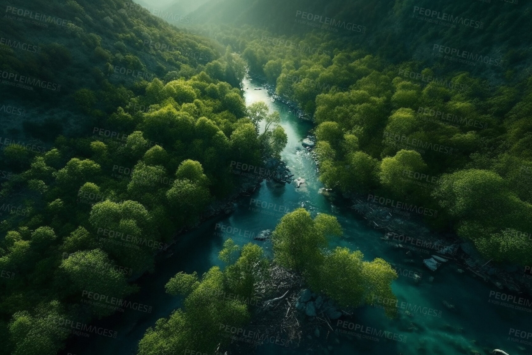 Buy stock photo Nature, landscape and river with trees in forest for environment, sustainability and flora. Peace, ai generated and aerial view with water stream in countryside for foliage, paradise and wilderness