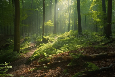 Nature, plants and light with trees in forest for environment, sustainability and flora. Peace, ai generated and landscape with meadow pathway in countryside woods for foliage, paradise or wilderness