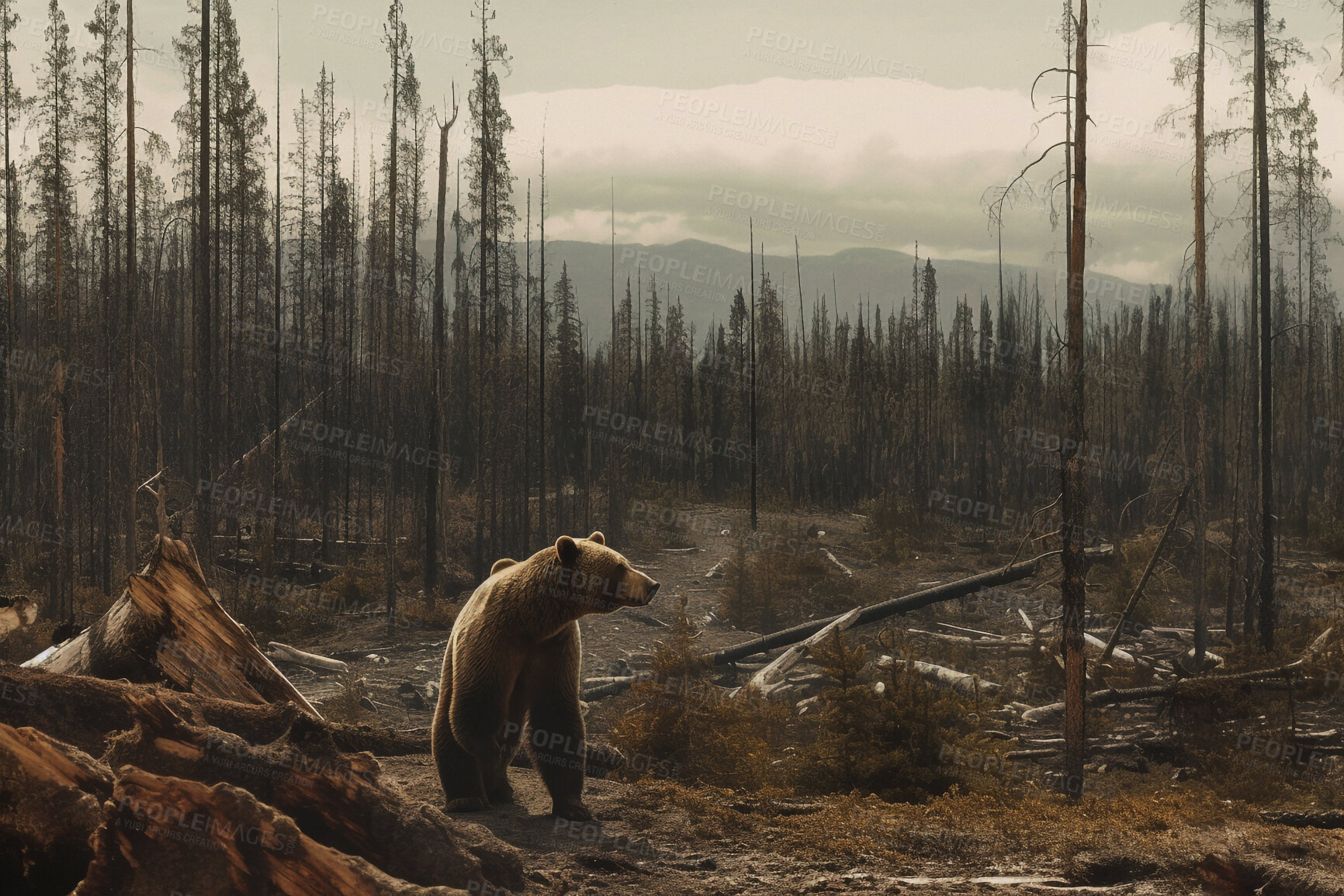 Buy stock photo Deforestation, animals and wood with bear in forest of nature for environment, trees cutting and ecology. Ai generated, plants and change with landscape of woods for earth, eco and destruction