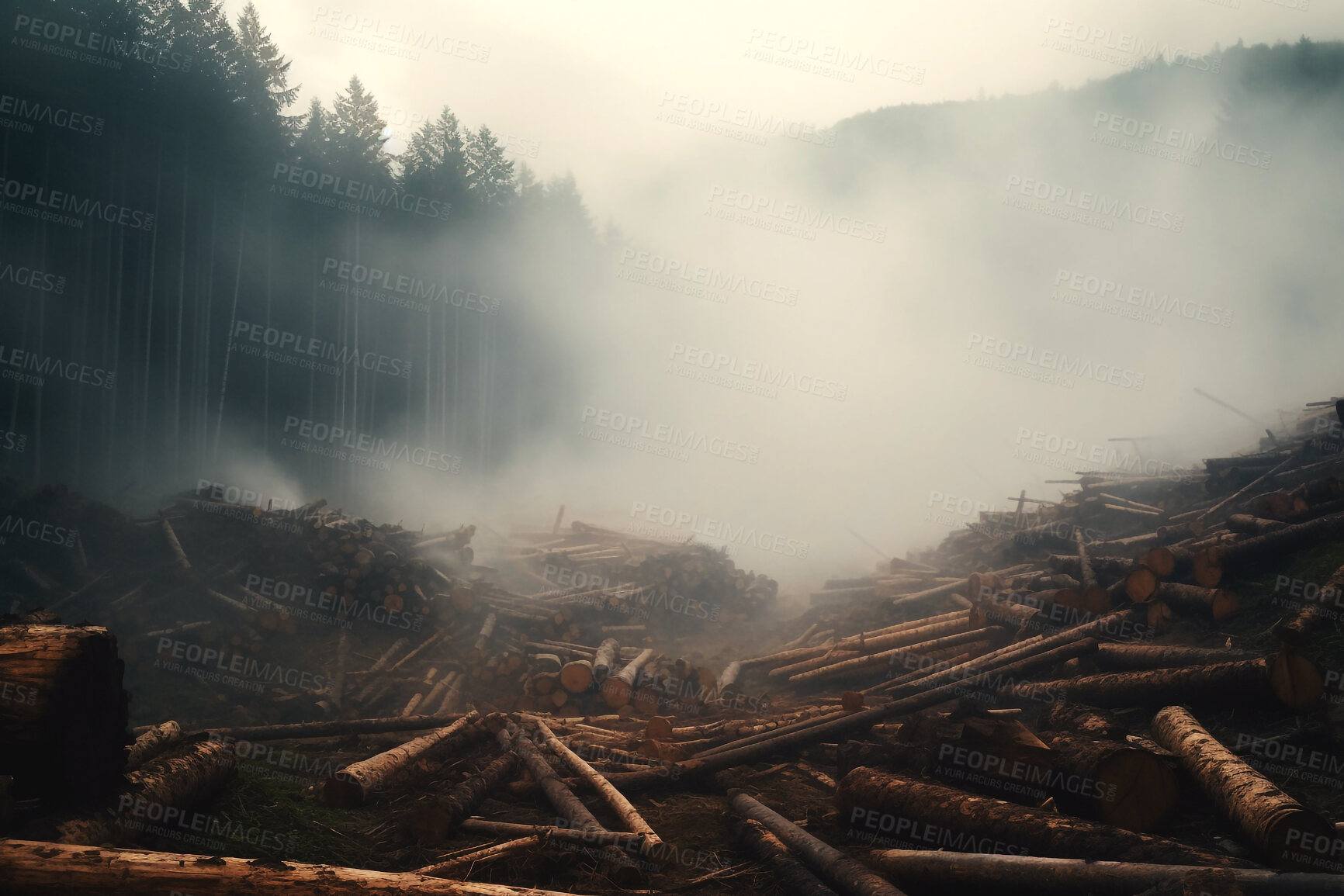 Buy stock photo Deforestation, industrial and wood with smoke in forest of nature for environment, trees cutting and ecology. Ai generated, plants and change with landscape of woods for earth, eco and destruction