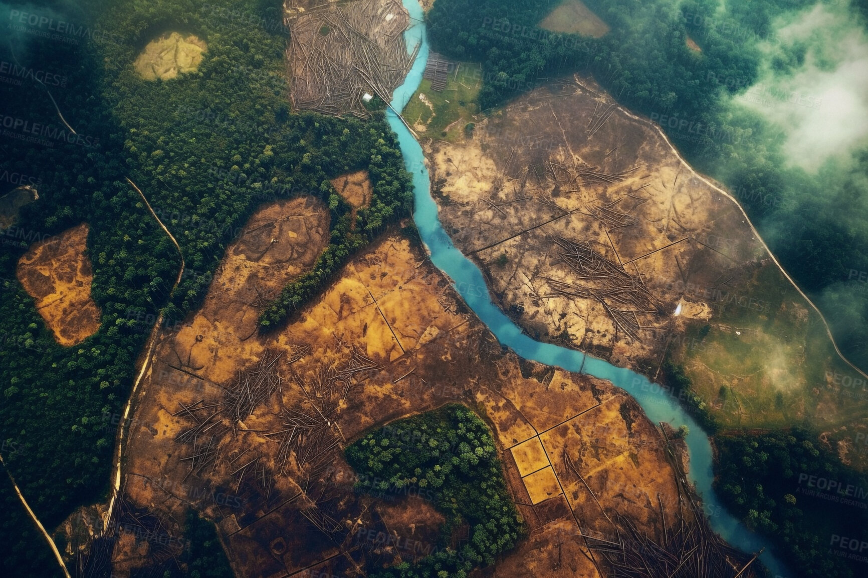 Buy stock photo Deforestation, climate change and drone of forest in nature for environment, trees cutting and ecology. Ai generated, plants and timber with aerial view of river in woods for earth and industrial