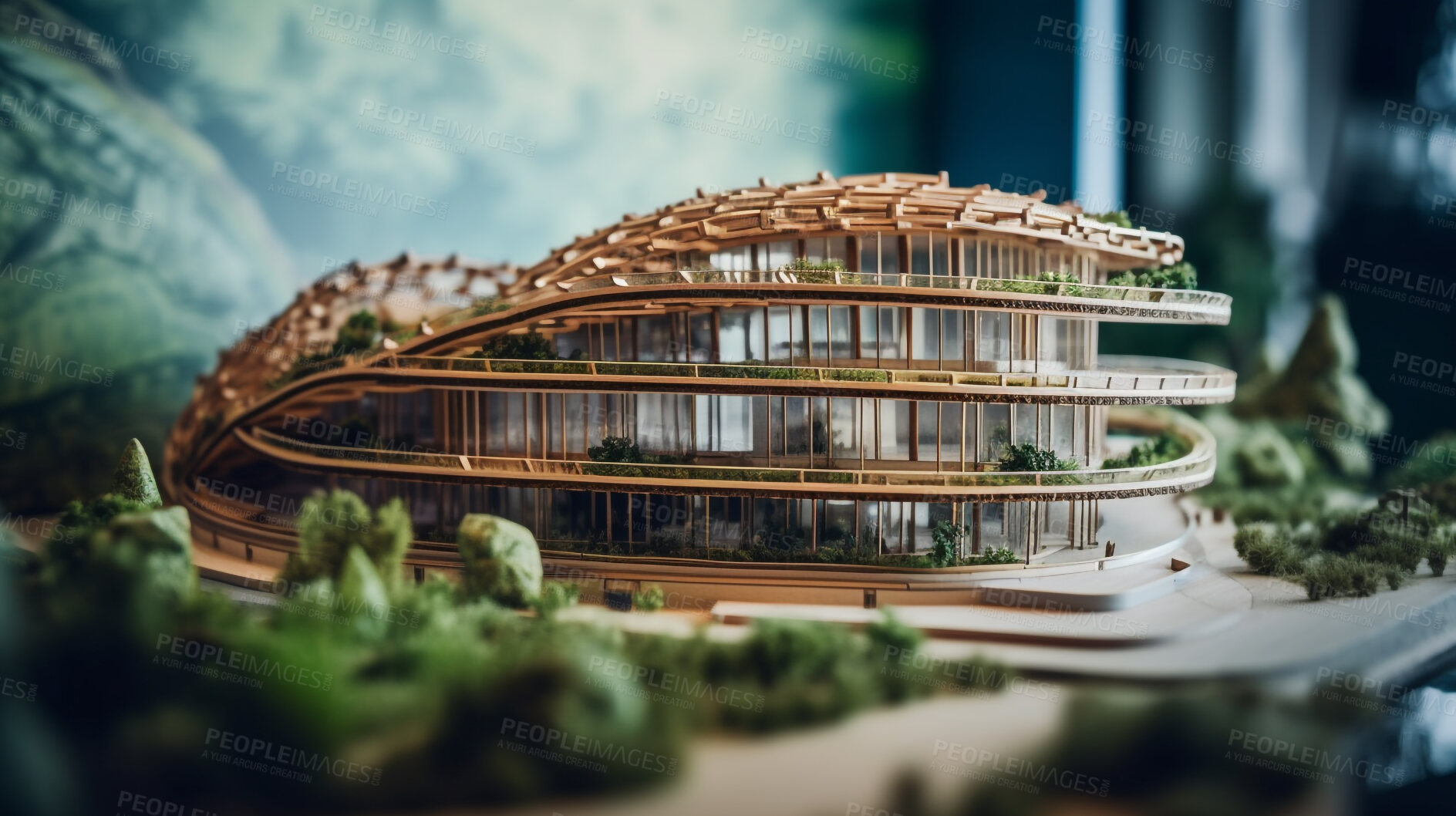 Buy stock photo Architecture, planning and sustainability with model of building for construction, environment and futuristic. Ai generated, idea and eco friendly with design for carbon footprint, ecology and plant