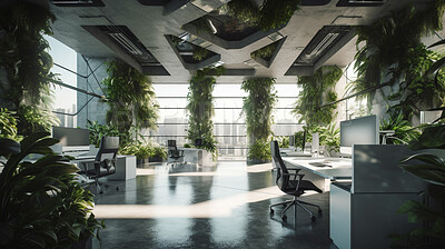 Architecture, sustainability and workplace with office for environment, nature and futuristic. Ai generated, innovation and eco friendly with empty room for carbon footprint, ecology and plant