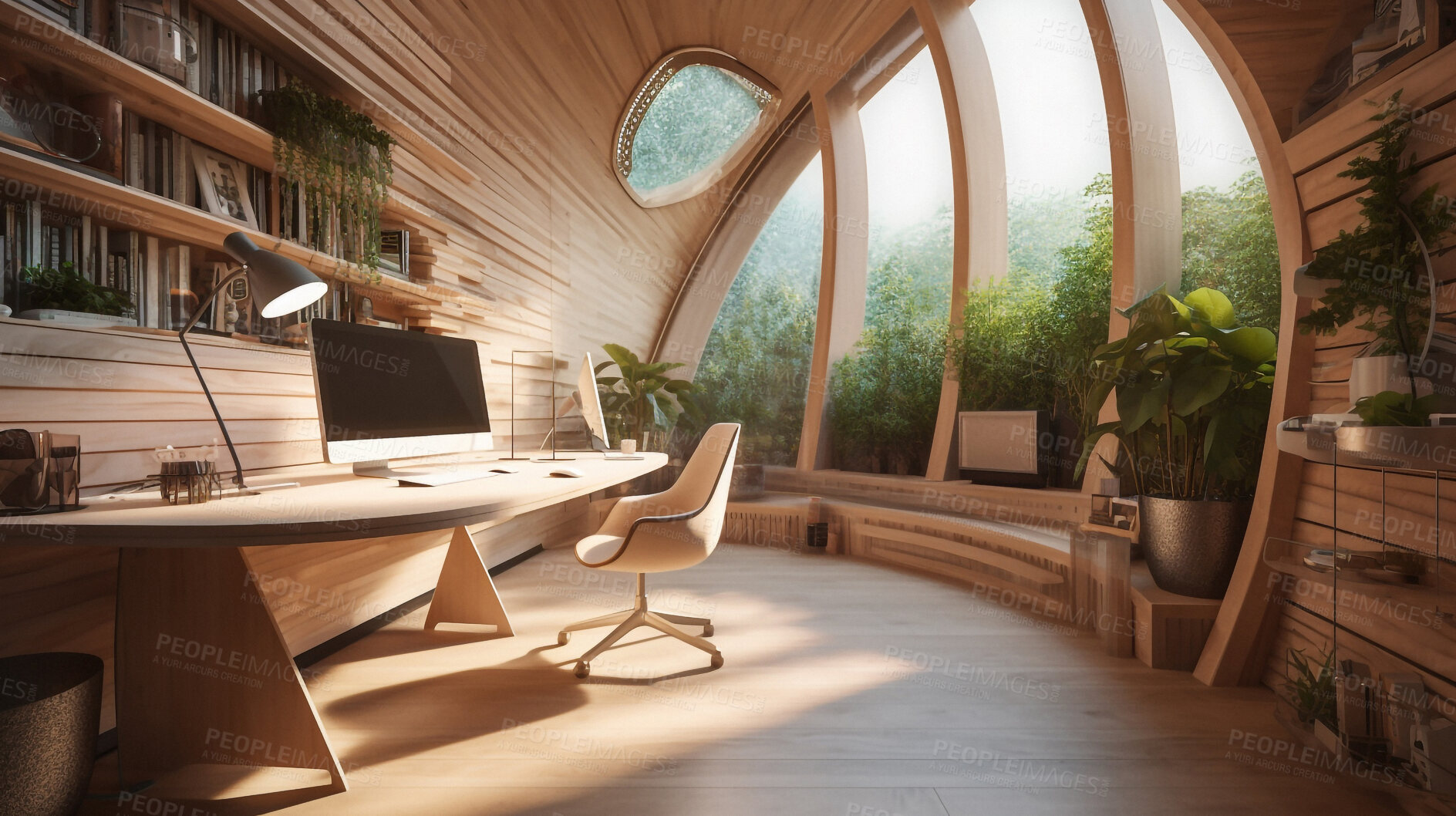 Buy stock photo Architecture, sustainability and green with home office for environment, nature and futuristic. Ai generated, innovation and eco friendly with empty room for carbon footprint, ecology and plant