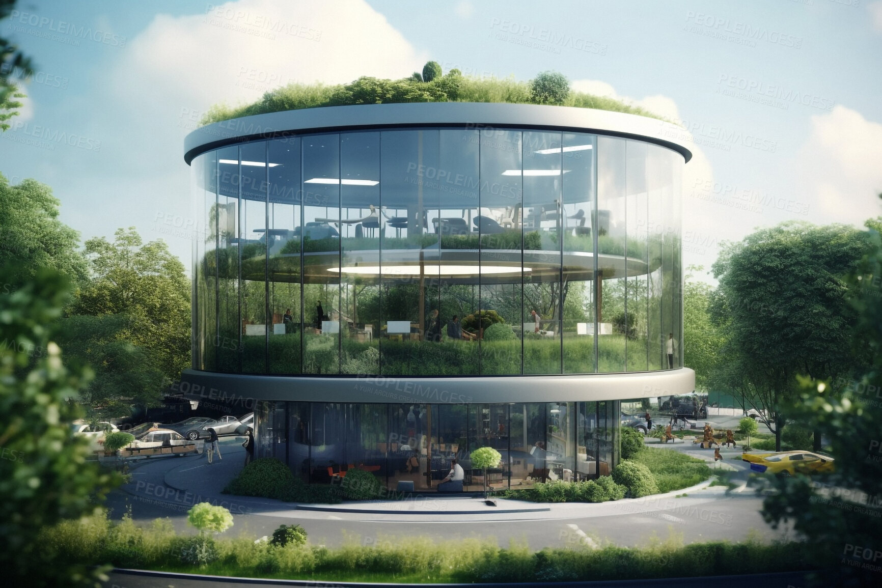 Buy stock photo Architecture, environment and future with buildings in city for carbon footprint, eco friendly and futuristic. Ai generated, glass and construction with house for green, ecology and sustainability