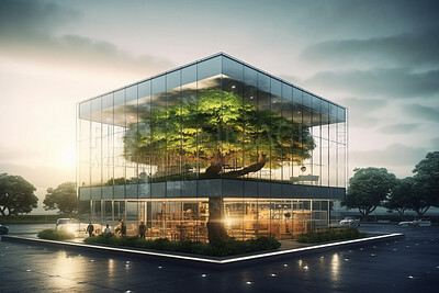 Buy stock photo Architecture, sustainability and tree with buildings in city for carbon footprint, eco friendly and futuristic. Ai generated, glass and construction with house for green, ecology and environment