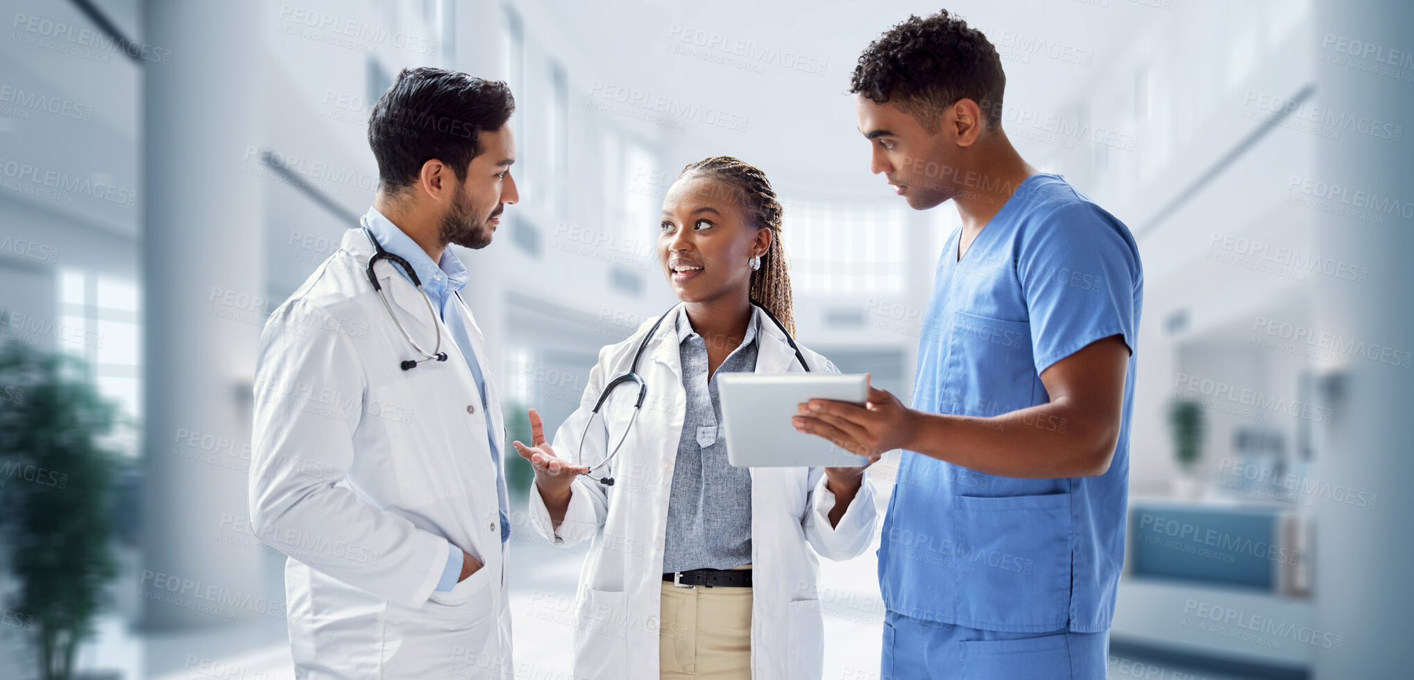 Buy stock photo Tablet, teamwork and medical with doctors in hospital for research, networking and information. Medicine, healthcare and digital report with people and online for technology, data and life insurance