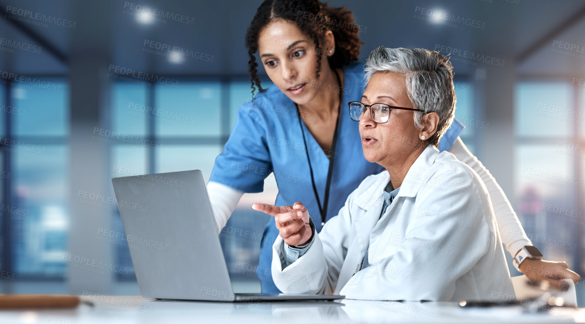 Buy stock photo Laptop, mentor and medical with doctors in hospital for research, networking and information. Medicine, healthcare and digital report with women and online for technology, data and life insurance