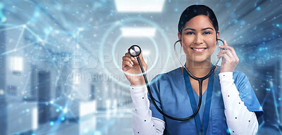 Medical, stethoscope and smile with portrait of woman in hospital for heart rate, surgery and diagnosis. Medicine, healthcare and happy with nurse listening for life insurance, consulting and nursing