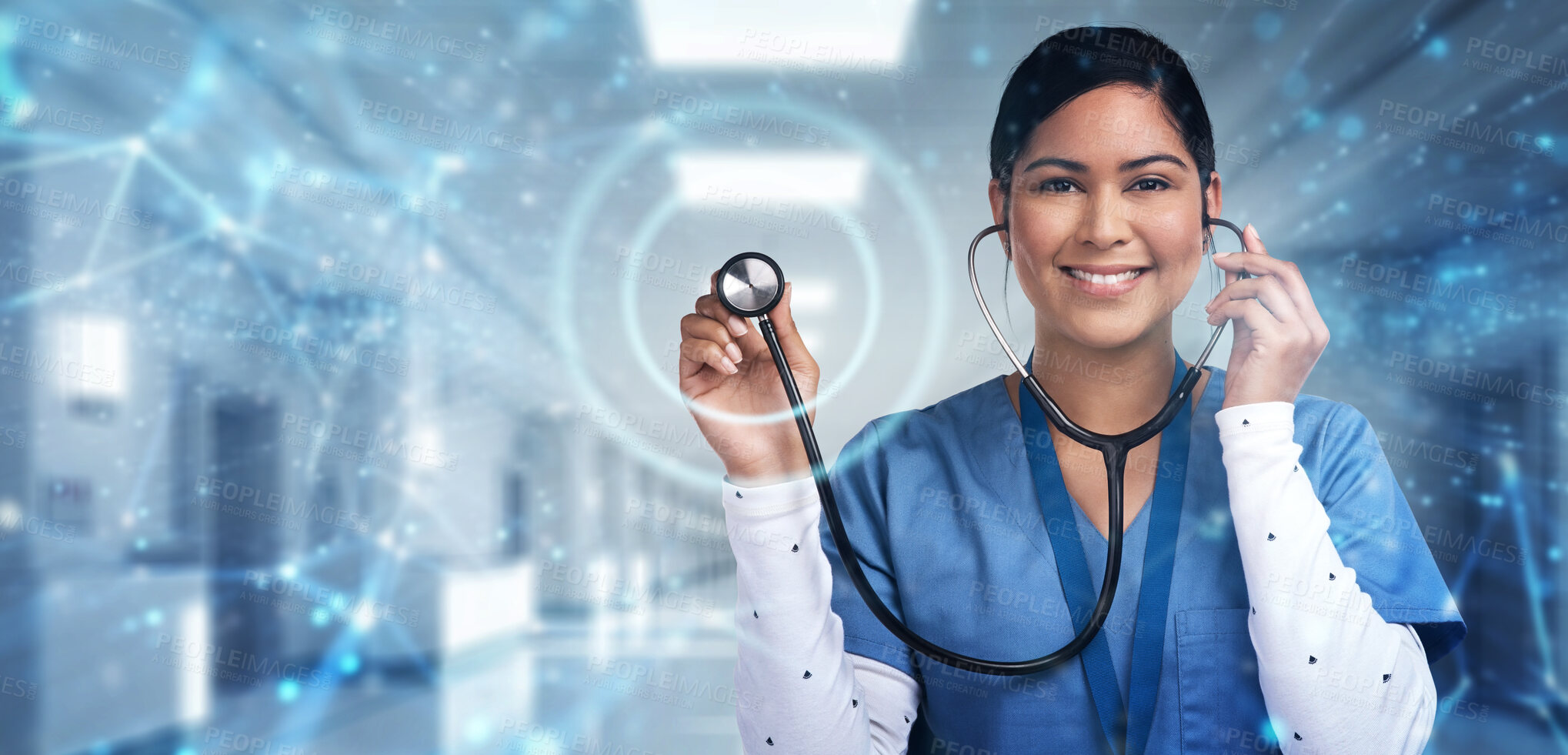 Buy stock photo Medical, stethoscope and smile with portrait of woman in hospital for heart rate, surgery and diagnosis. Medicine, healthcare and happy with nurse listening for life insurance, consulting and nursing