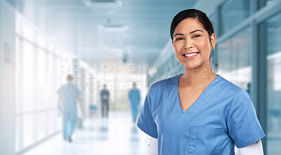 Medical, professional and portrait of woman in hospital for treatment, surgery and diagnosis. Medicine, healthcare and happy with nurse working in clinic for life insurance, consulting and nursing