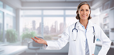Medical, show and portrait of doctor in hospital for presentation, surgery and space. Medicine, healthcare and happy with woman in clinic for life insurance, consulting and professional mockup