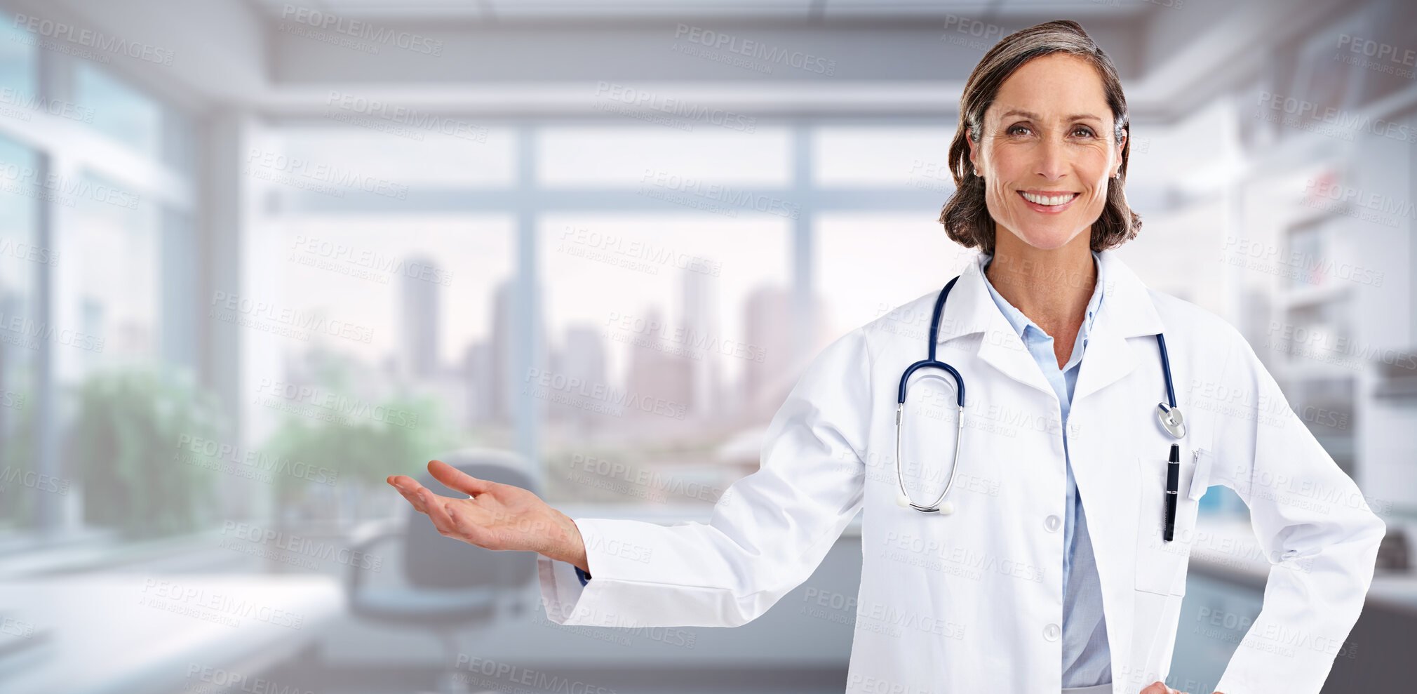 Buy stock photo Medical, show and portrait of doctor in hospital for presentation, surgery and space. Medicine, healthcare and happy with woman in clinic for life insurance, consulting and professional mockup