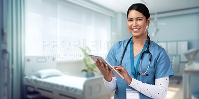 Tablet, planning and medical with portrait of nurse in hospital for research, networking and information. Medicine, healthcare and digital report with woman for technology, data and life insurance