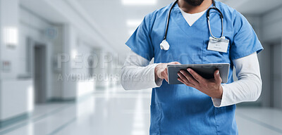 Tablet, planning and medical with hands of man for research, networking and information. Medicine, healthcare and digital report with closeup of nurse for technology, data and life insurance