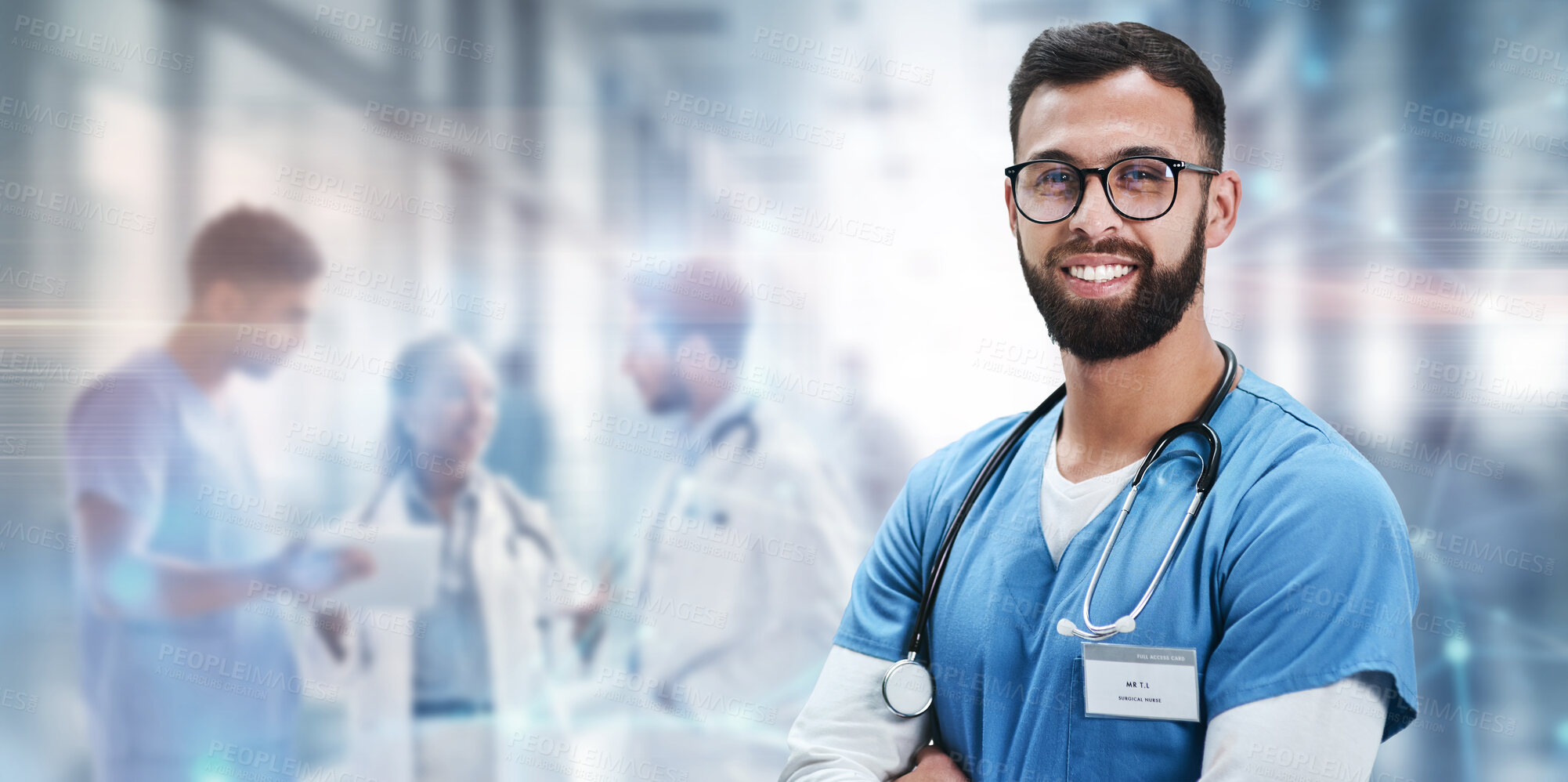 Buy stock photo Medical, nursing and portrait of man in hospital for treatment, surgery and diagnosis. Medicine, healthcare and happy with nurse working in clinic for life insurance, consulting and professional