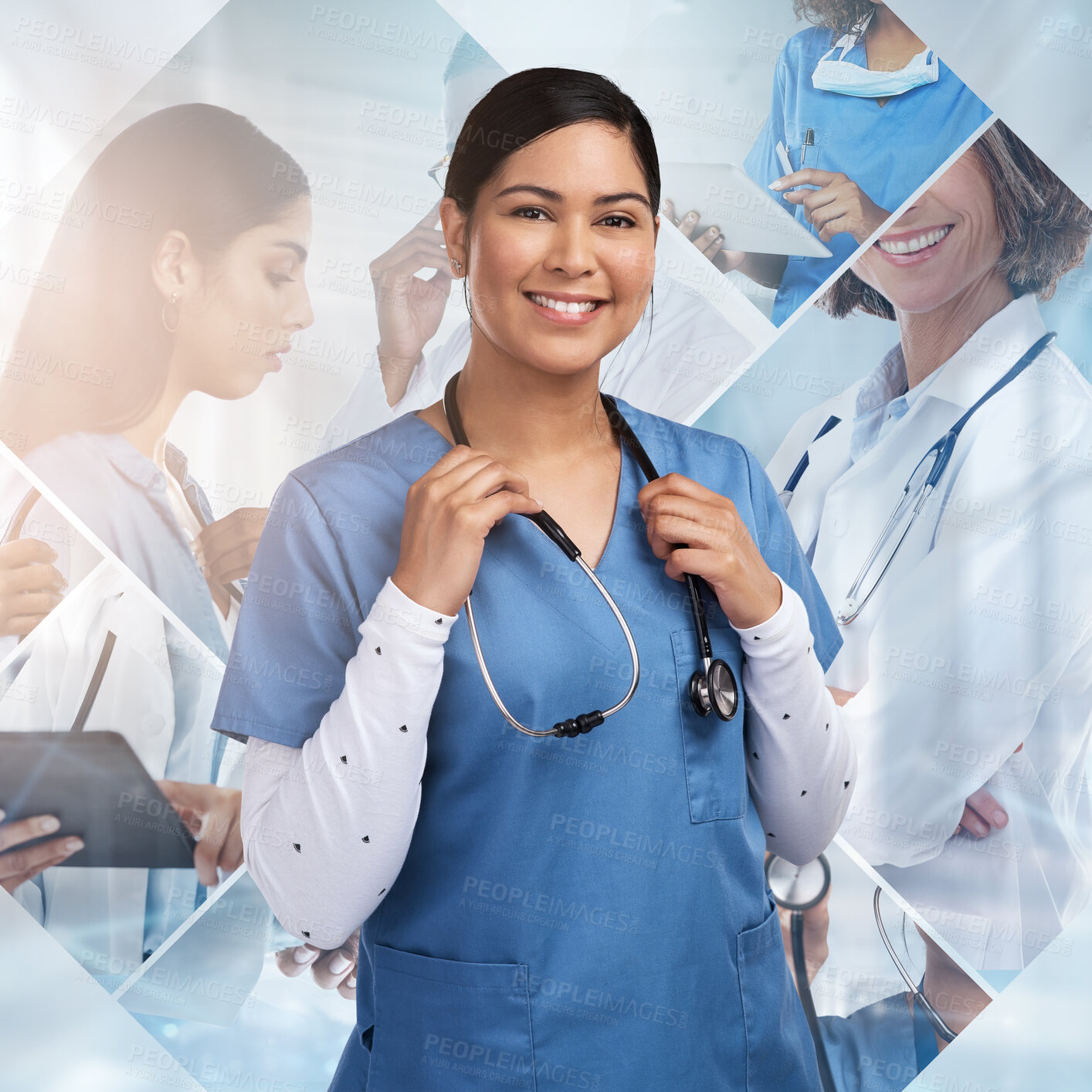 Buy stock photo Medical, happy or portrait of woman in hospital for treatment, surgery or diagnosis. Medicine, healthcare and smile with nurse working in clinic collage for life insurance, consulting or professional