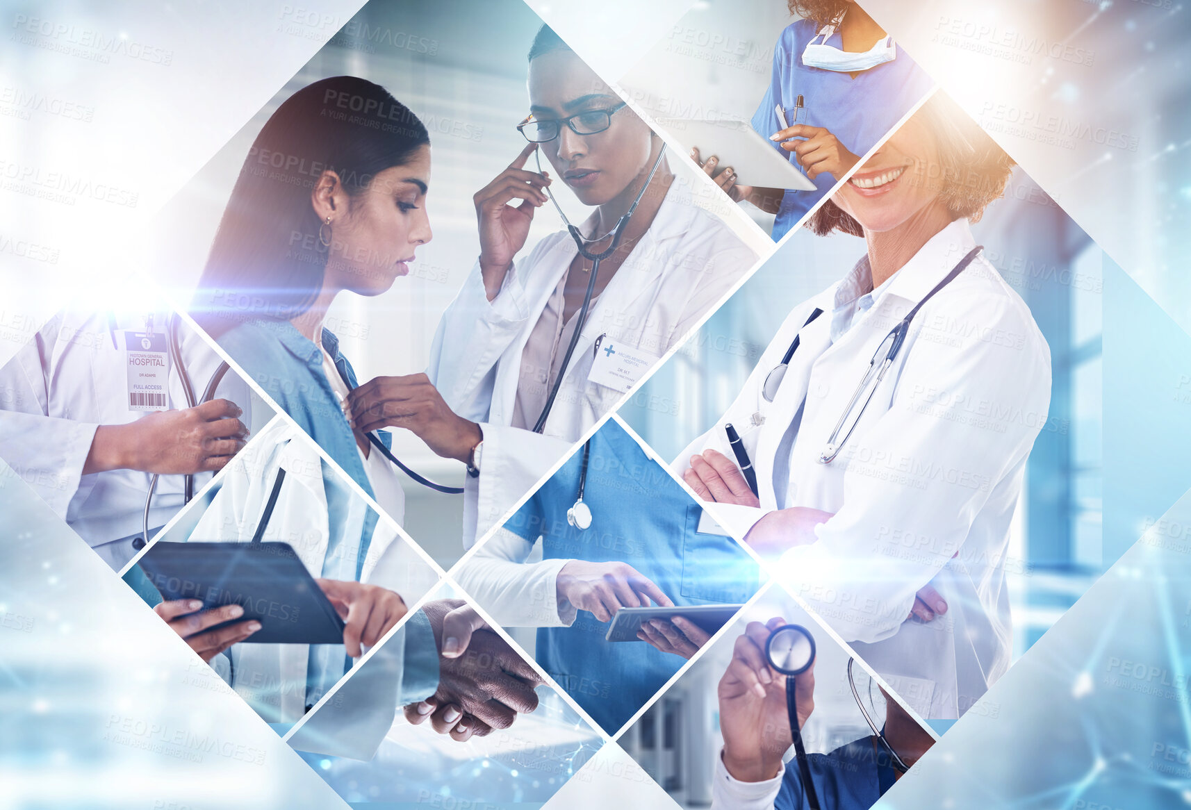 Buy stock photo Medical, teamwork and wellness collage of doctors in hospital for treatment, collaboration and support staff. Healthcare, medicine and help with group of people for diversity, insurance and career