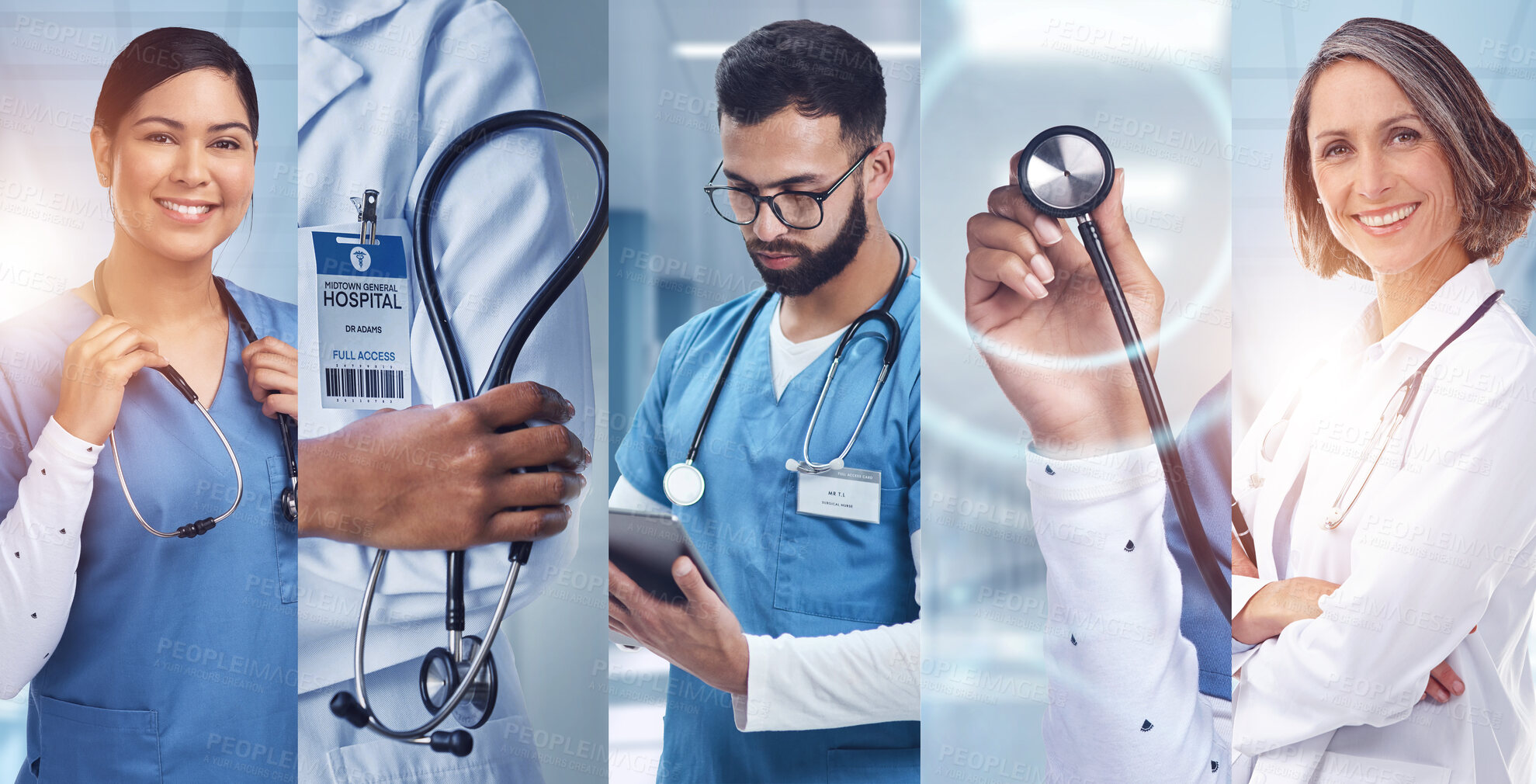 Buy stock photo Medical, teamwork and professional collage of doctors in hospital for treatment, collaboration and support staff. Healthcare, medicine and help with group of people for diversity, insurance or career