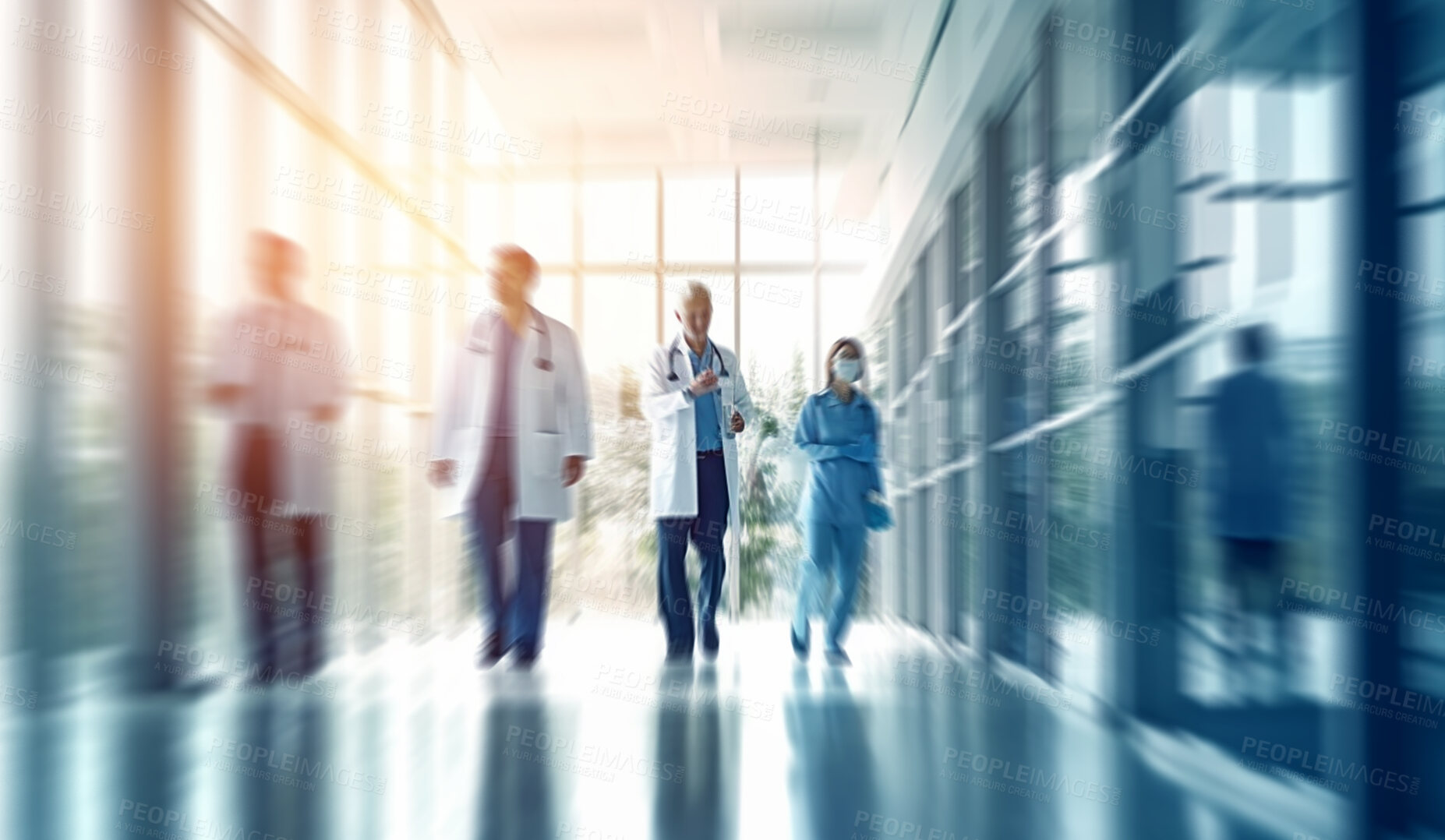 Buy stock photo Motivation, medical and motion blur doctors in hospital for diagnosis, emergency or action. Ai generated help, medicine and healthcare people in clinic hallway for teamwork, collaboration and support