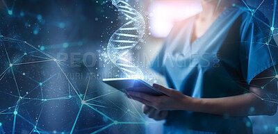 Tablet, dna and medical hands of nurse for research, networking or information. Ai generated medicine, healthcare and digital report with closeup woman for technology, patient data and life insurance