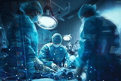 Teamwork, surgery and medical doctors in hospital for medicine, treatment and collaboration. Ai generated operation, emergency and help with people in operating room for clinic, disease and diagnosis