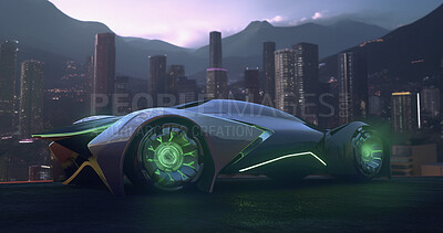Sci fi, future and technology with car in city for electrical, luxury and lighting. Ai generated, art and design with futuristic sports vehicle driving for innovation, design and transportation