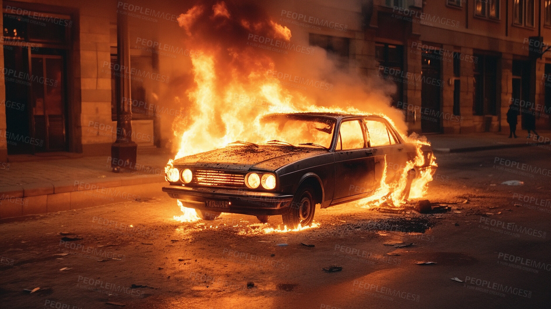 Buy stock photo Emergency, fire and explosion with car in city for disaster, apocalypse and damage, Danger, smoke and ai generated with burning vehicle in road for smoke catastrophe, armageddon and accident